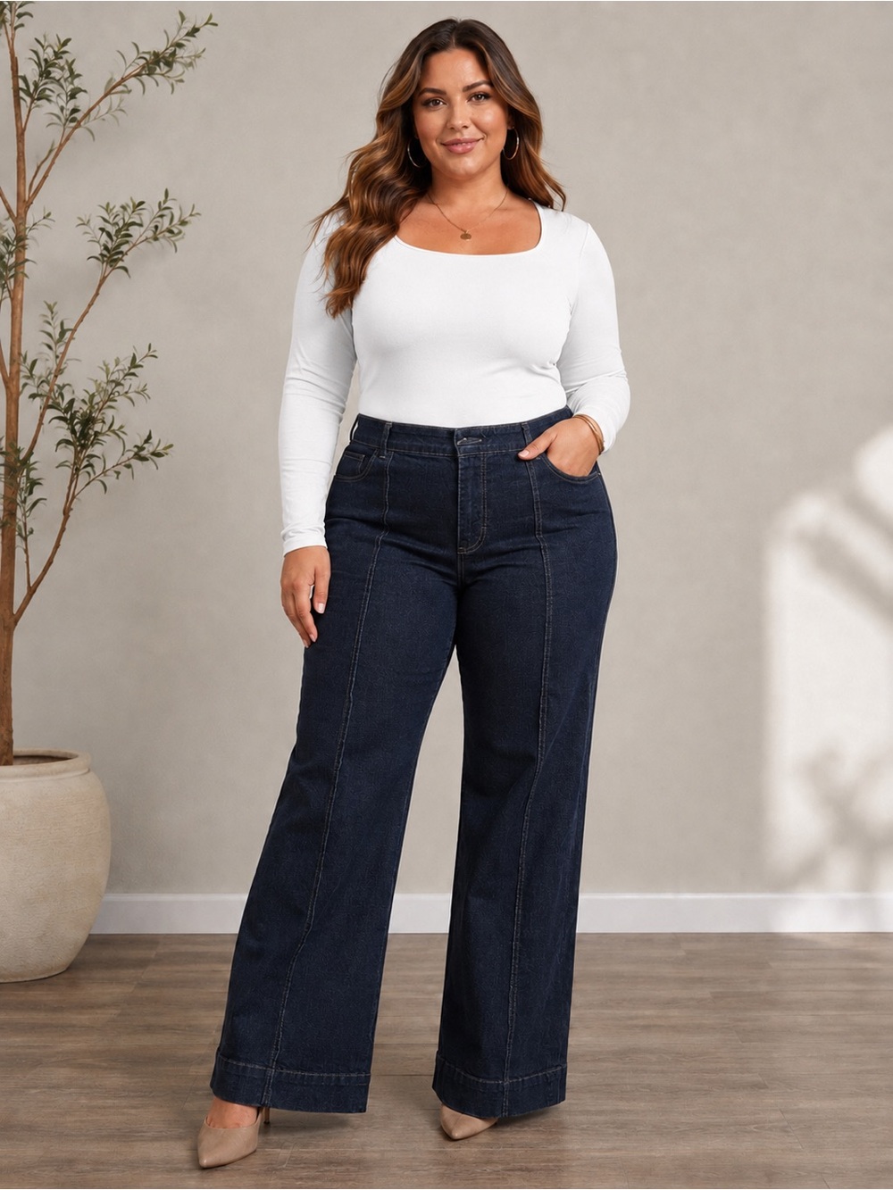 Plus Size Marla Wynn stretch Wide-Leg Jeans in Dark Blue Wash size 16W